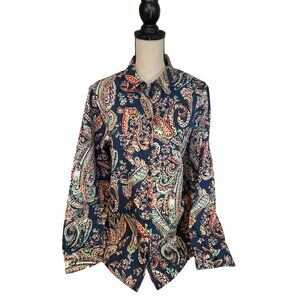 Chicos Womens Shirt Small Multicolor No-Iron Cotton Paisley Button-Up Boho Retro